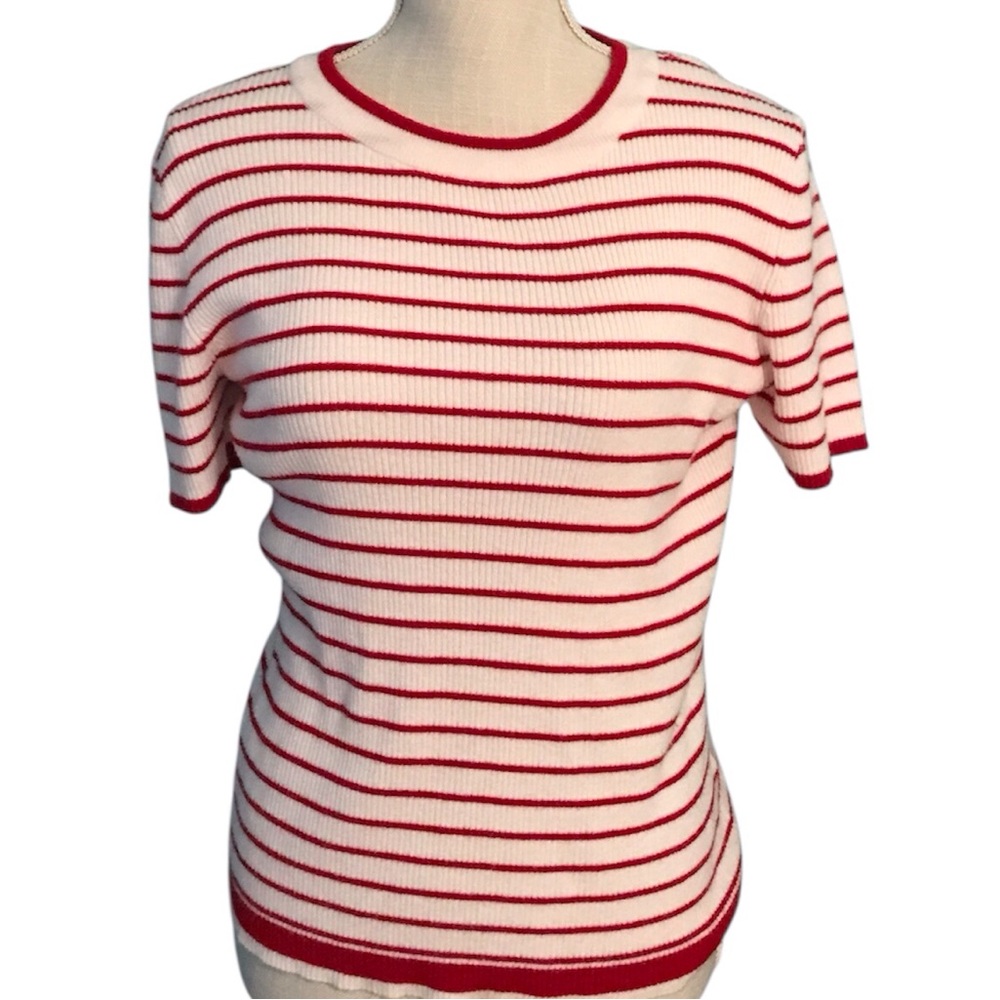 Bobeau Red and White Striped Short Sleeve Top